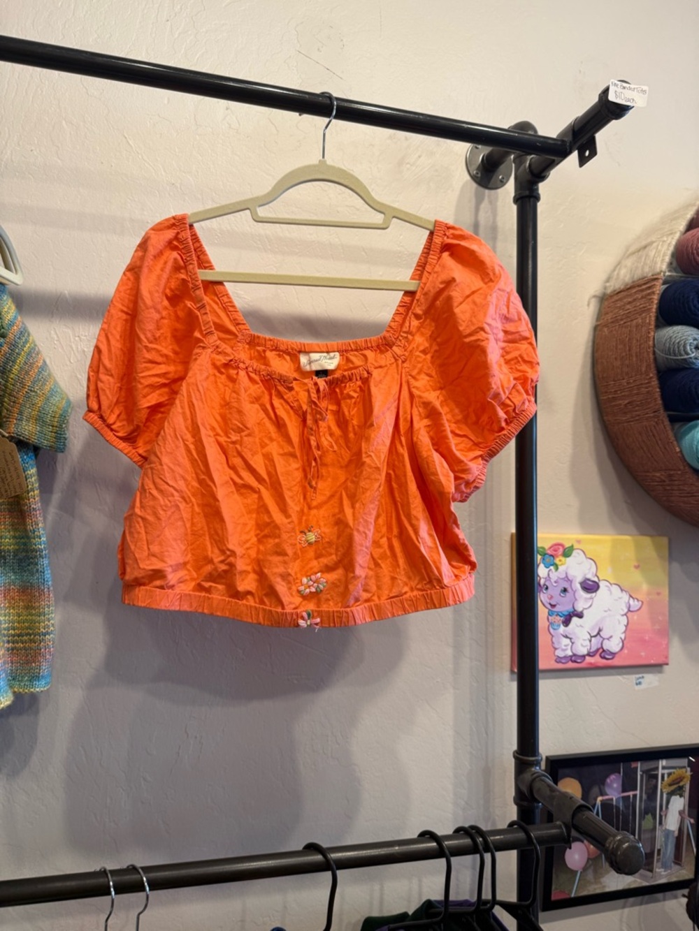 Universal Thread Orange Puff Sleeve Cropped Top with hand embroidery